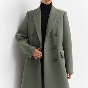 Mango Double-Breasted Wool Blend Jacket XS Sage Green